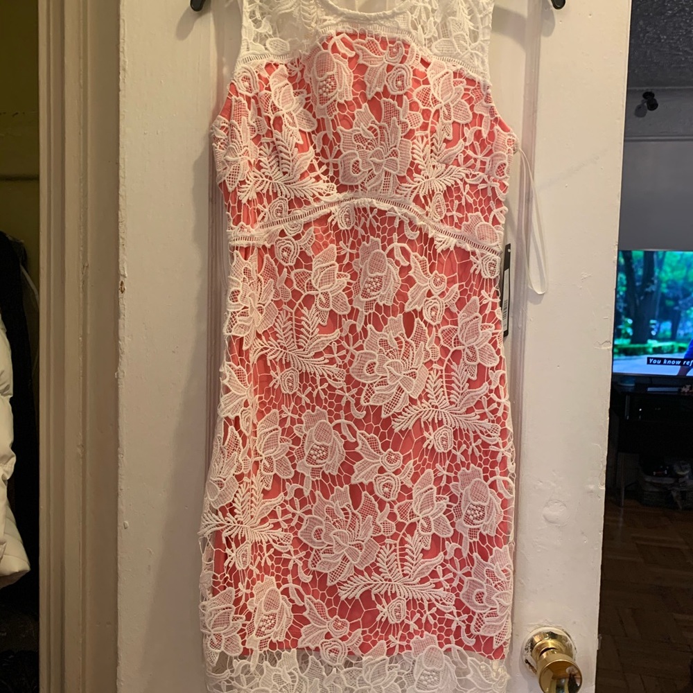 Bebe asymmetrical lace dress sleeveless coral
